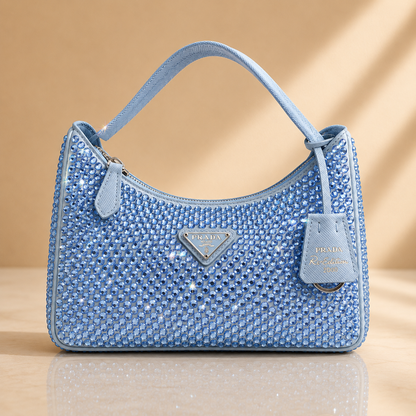 Prada Crystal Embellished Re-Edition Satin Mini Shoulder Bag – Periwinkle Blue