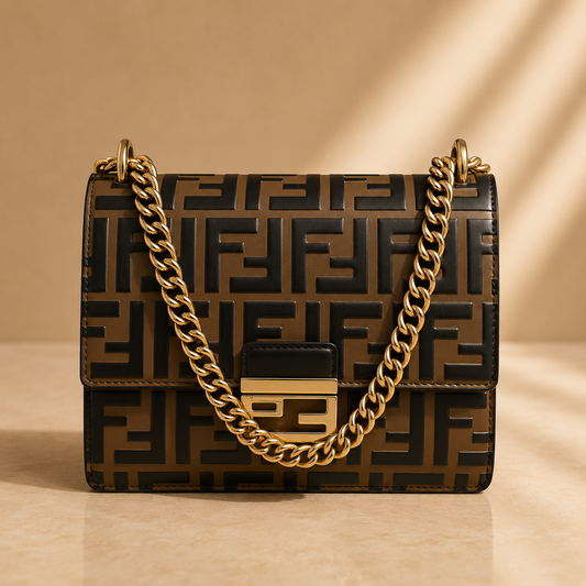 Fendi Kan U Small Embossed FF Leather Shoulder Bag | Black & Tobacco Brown | Gold Chain
