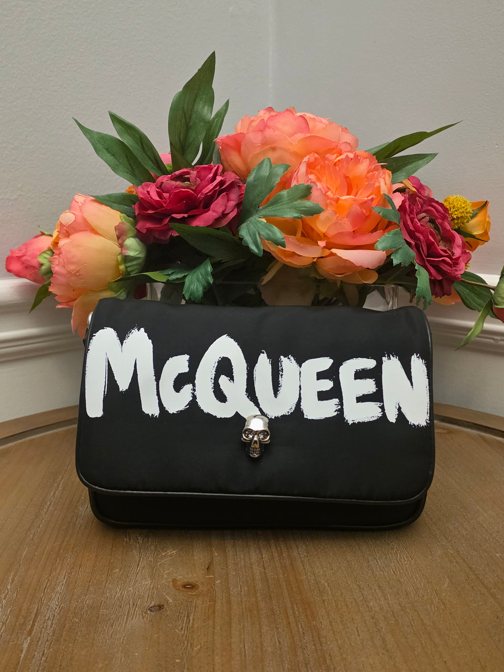 Alexander McQueen Graffiti Skull Satin Chain Crossbody Bag