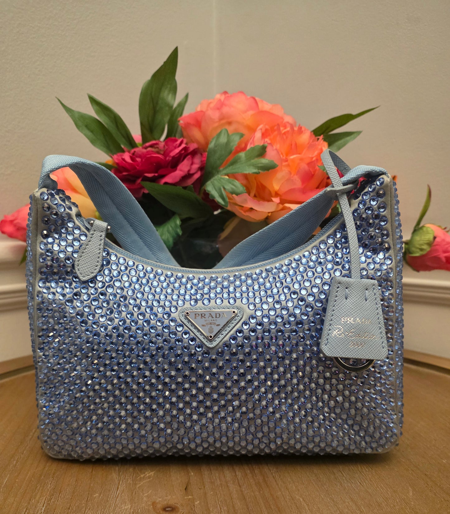 Prada Crystal Embellished Re-Edition Satin Mini Shoulder Bag – Periwinkle Blue