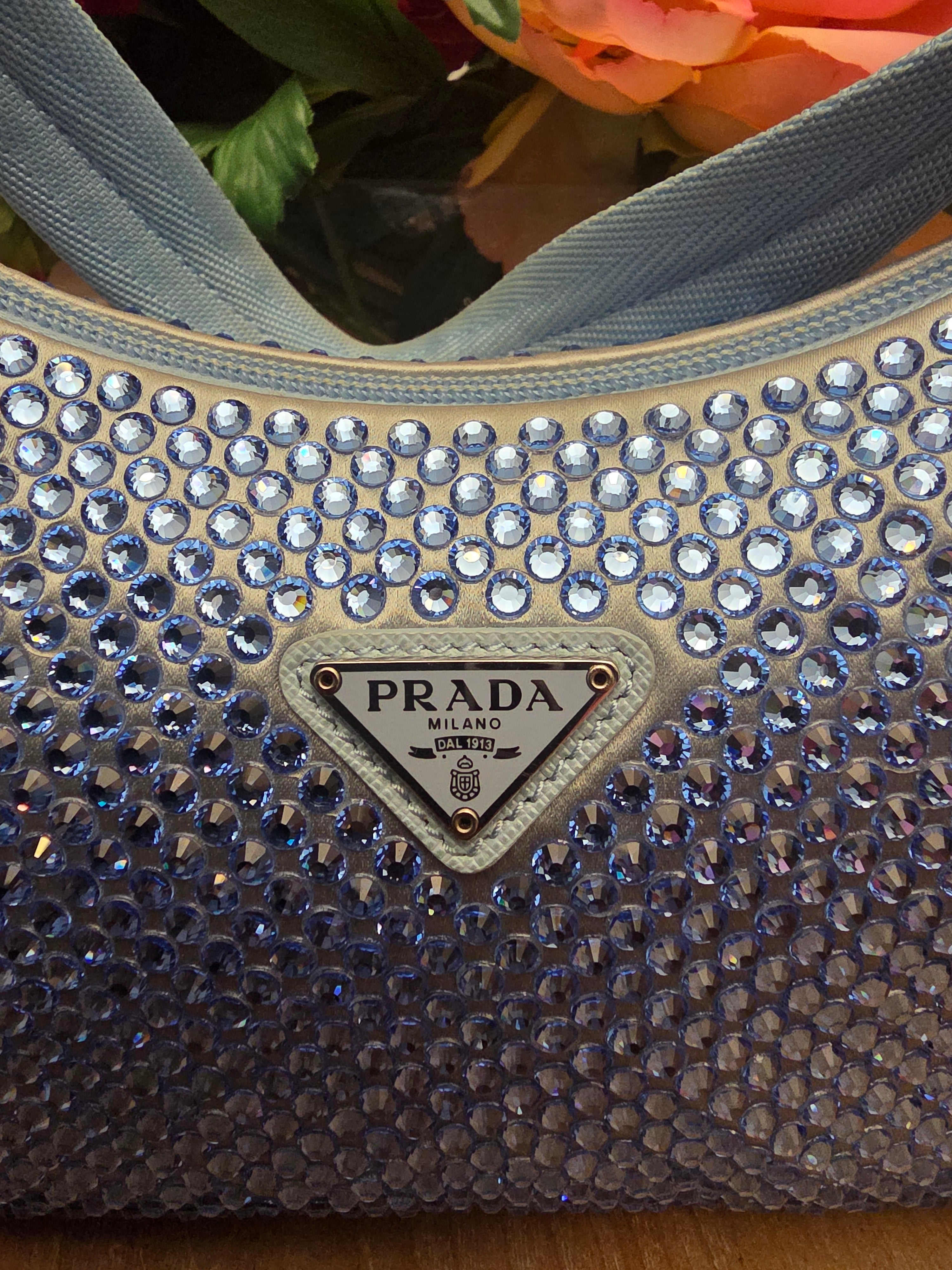 Prada Crystal Embellished Re-Edition Satin Mini Shoulder Bag – Periwinkle Blue