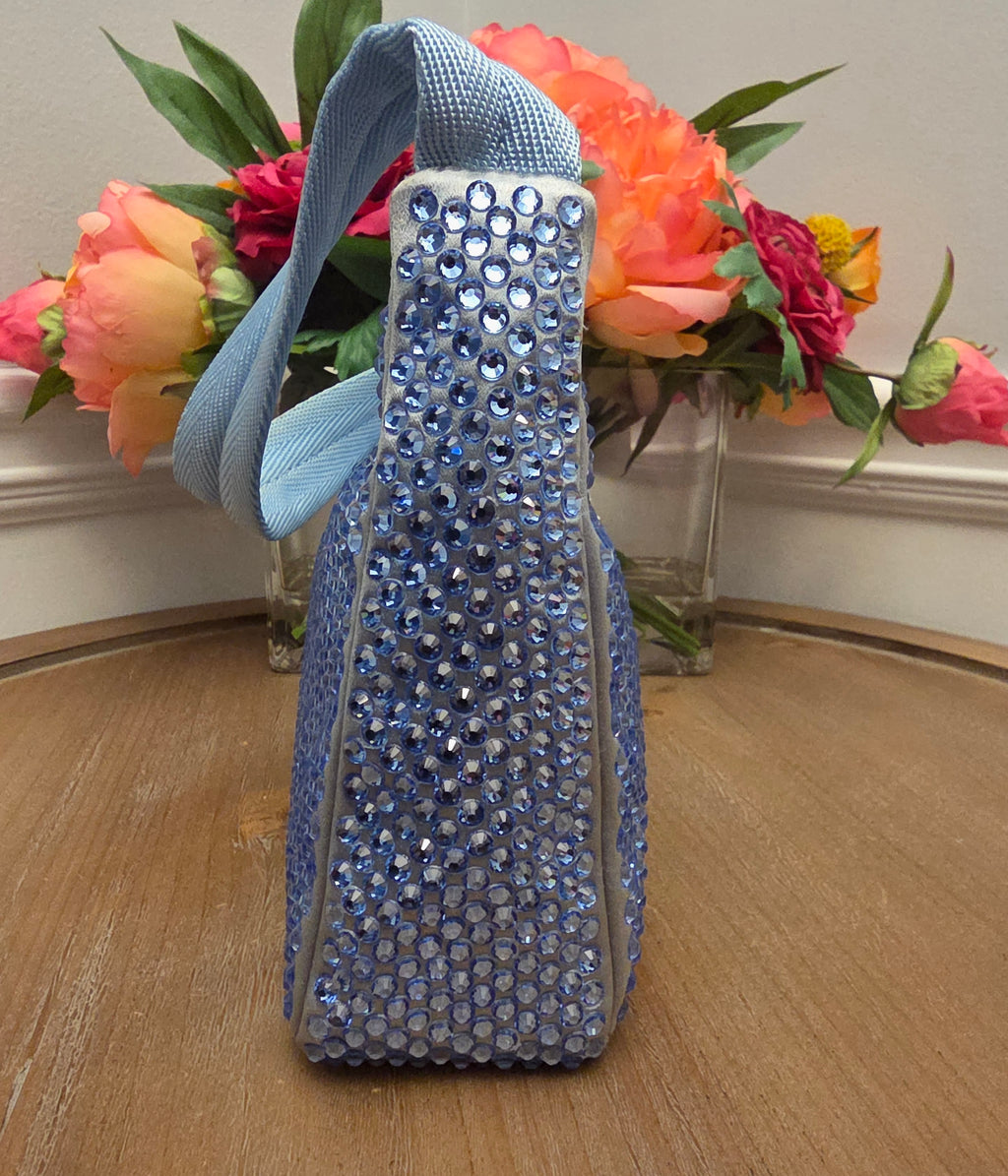 Prada Crystal Embellished Re-Edition Satin Mini Shoulder Bag – Periwinkle Blue