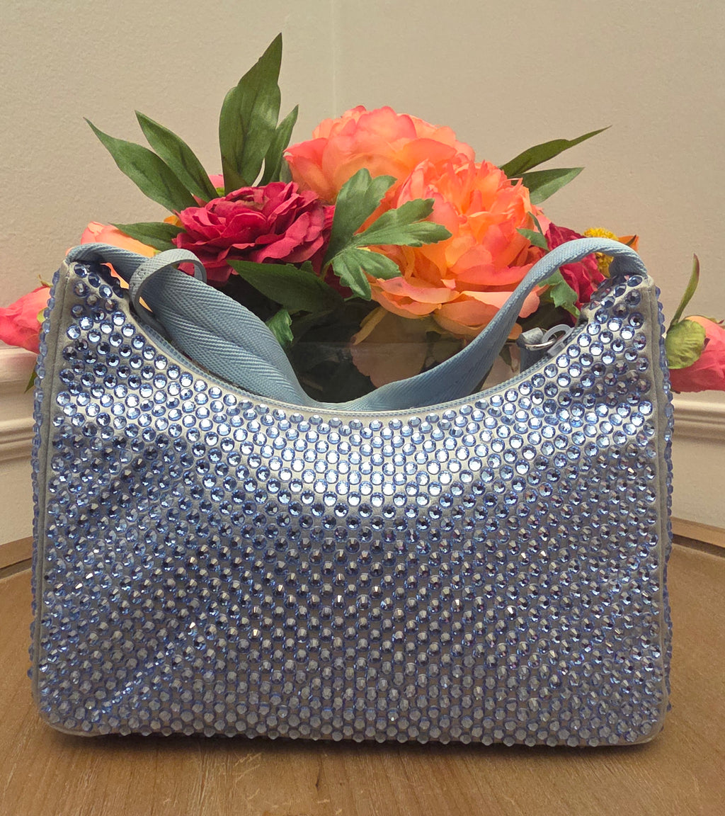 Prada Crystal Embellished Re-Edition Satin Mini Shoulder Bag – Periwinkle Blue