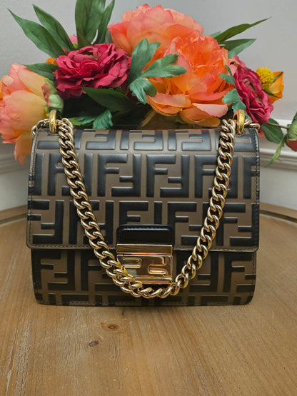 Fendi Kan U Small Embossed FF Leather Shoulder Bag | Black & Tobacco Brown | Gold Chain