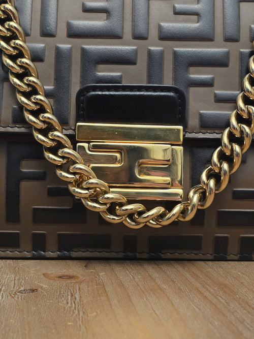 Fendi Kan U Small Embossed FF Leather Shoulder Bag | Black & Tobacco Brown | Gold Chain