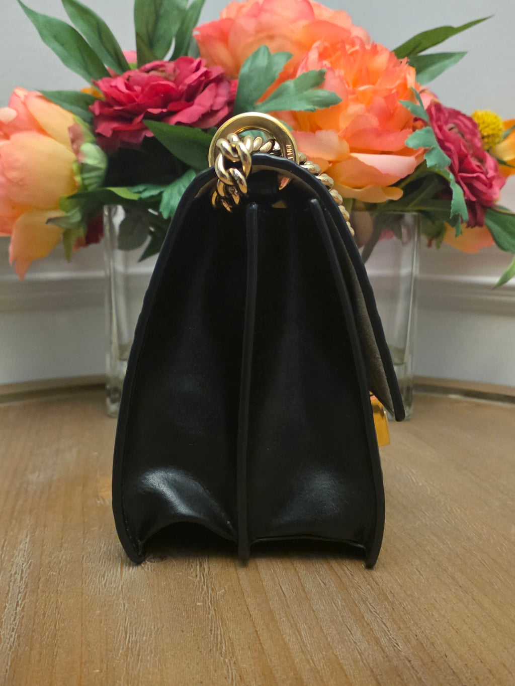 Fendi Kan U Small Embossed FF Leather Shoulder Bag | Black & Tobacco Brown | Gold Chain