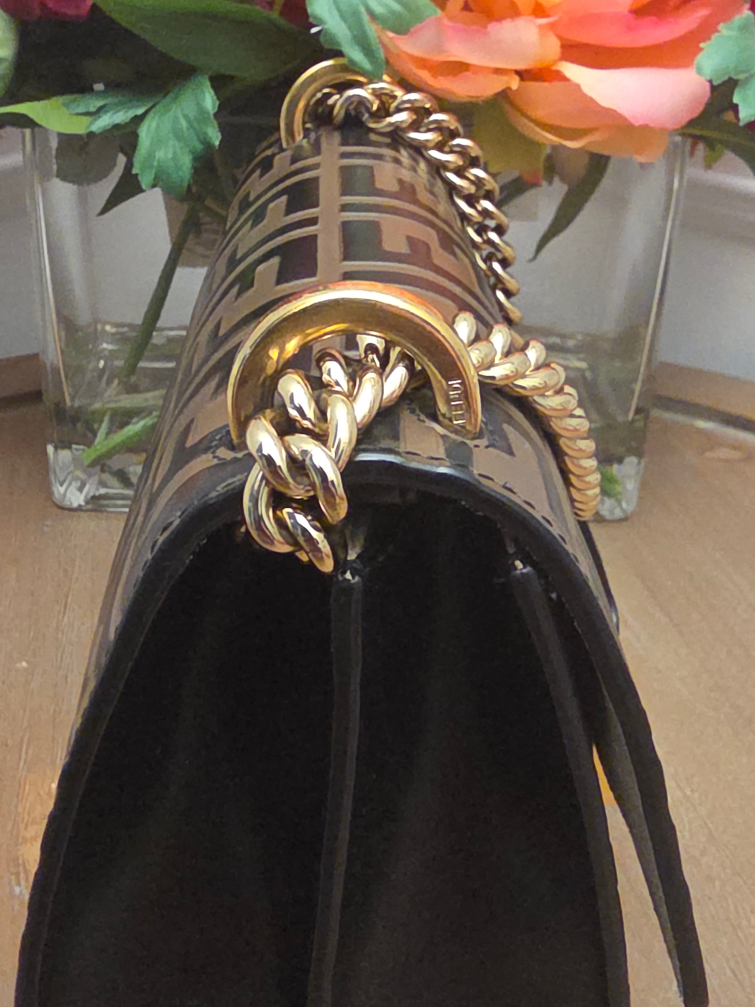 Fendi Kan U Small Embossed FF Leather Shoulder Bag | Black & Tobacco Brown | Gold Chain