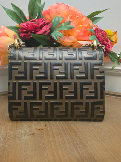 Fendi Kan U Small Embossed FF Leather Shoulder Bag | Black & Tobacco Brown | Gold Chain