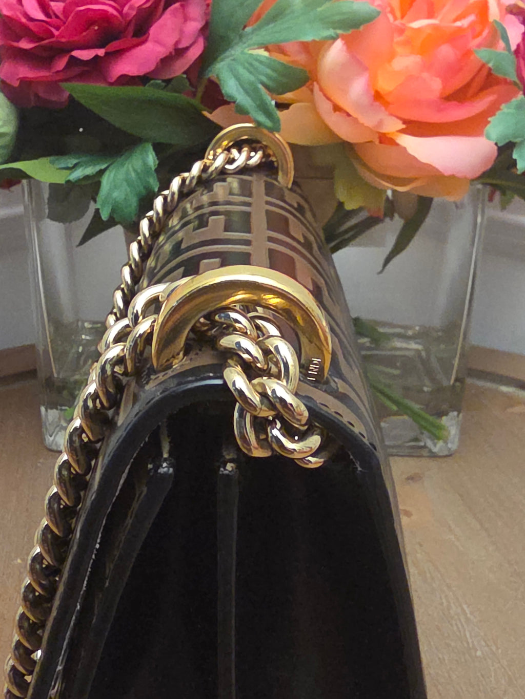 Fendi Kan U Small Embossed FF Leather Shoulder Bag | Black & Tobacco Brown | Gold Chain
