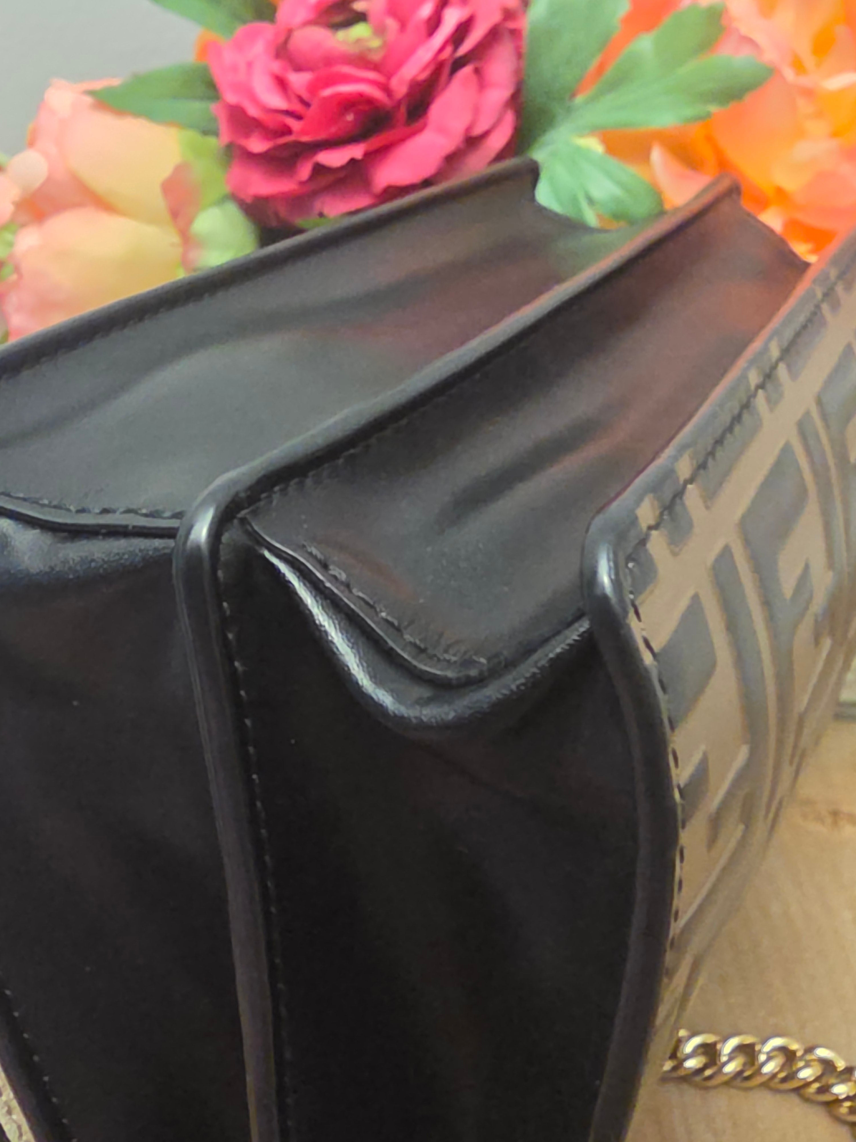 Fendi Kan U Small Embossed FF Leather Shoulder Bag | Black & Tobacco Brown | Gold Chain