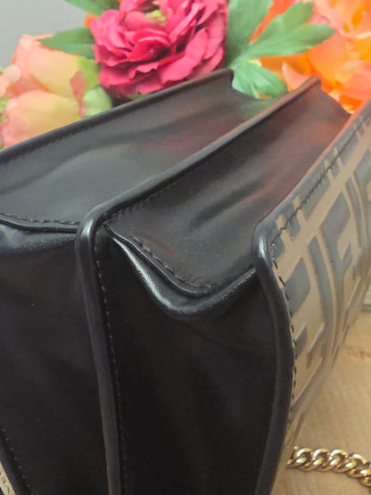 Fendi Kan U Small Embossed FF Leather Shoulder Bag | Black & Tobacco Brown | Gold Chain