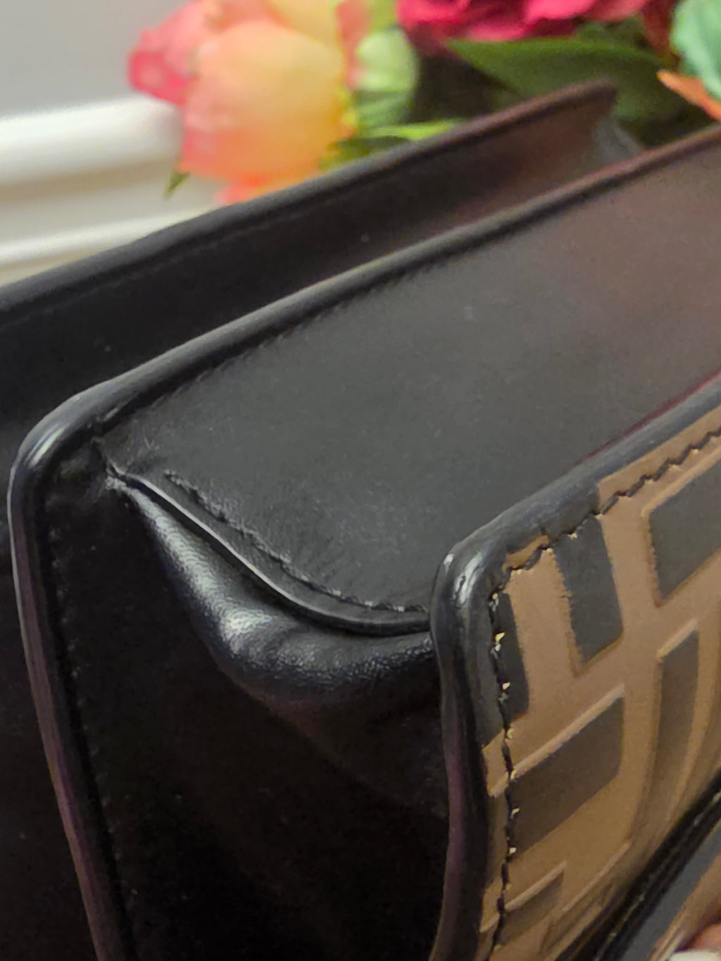 Fendi Kan U Small Embossed FF Leather Shoulder Bag | Black & Tobacco Brown | Gold Chain