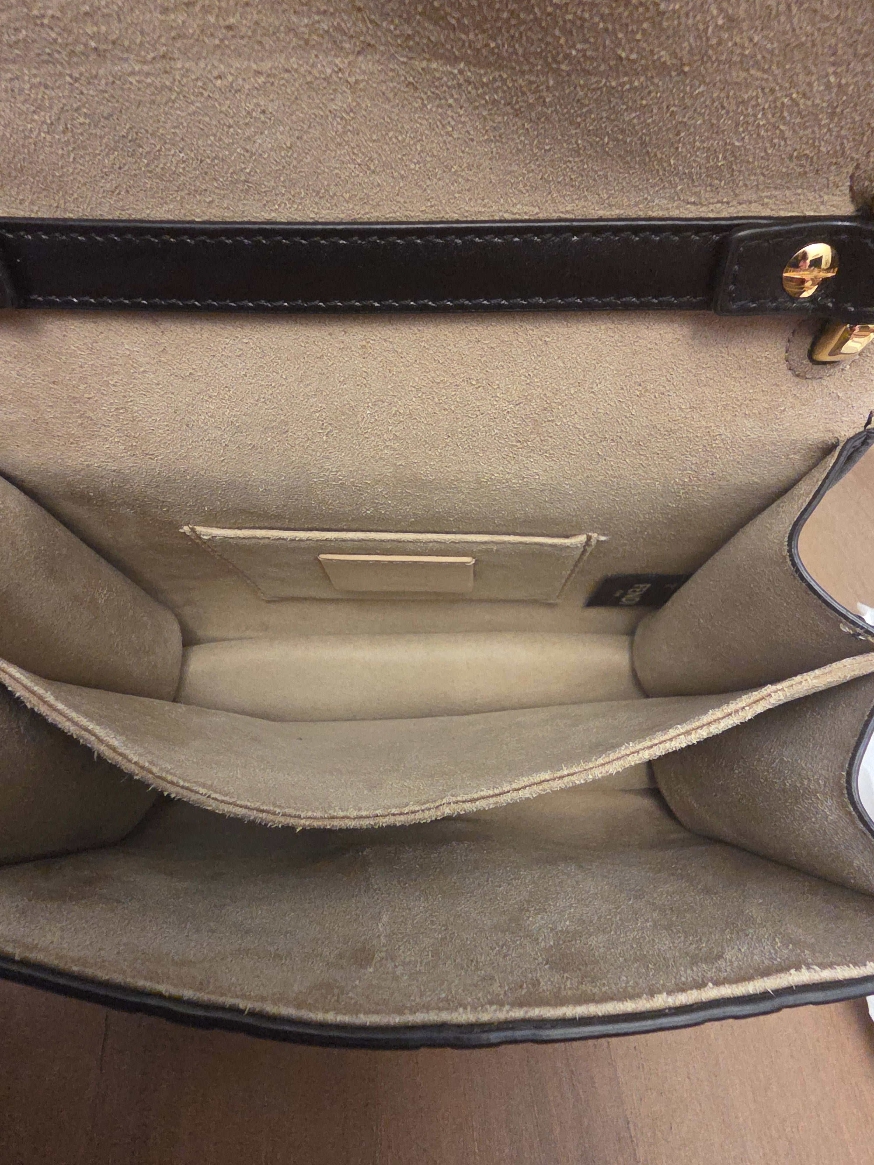 Fendi Kan U Small Embossed FF Leather Shoulder Bag | Black & Tobacco Brown | Gold Chain