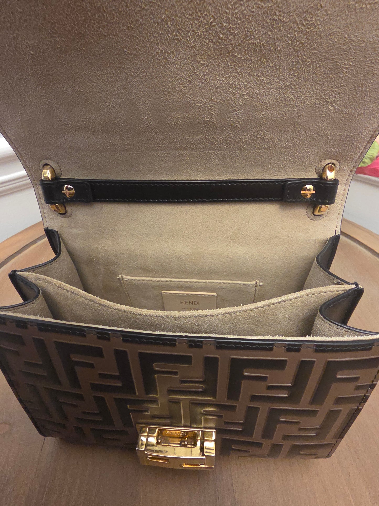 Fendi Kan U Small Embossed FF Leather Shoulder Bag | Black & Tobacco Brown | Gold Chain
