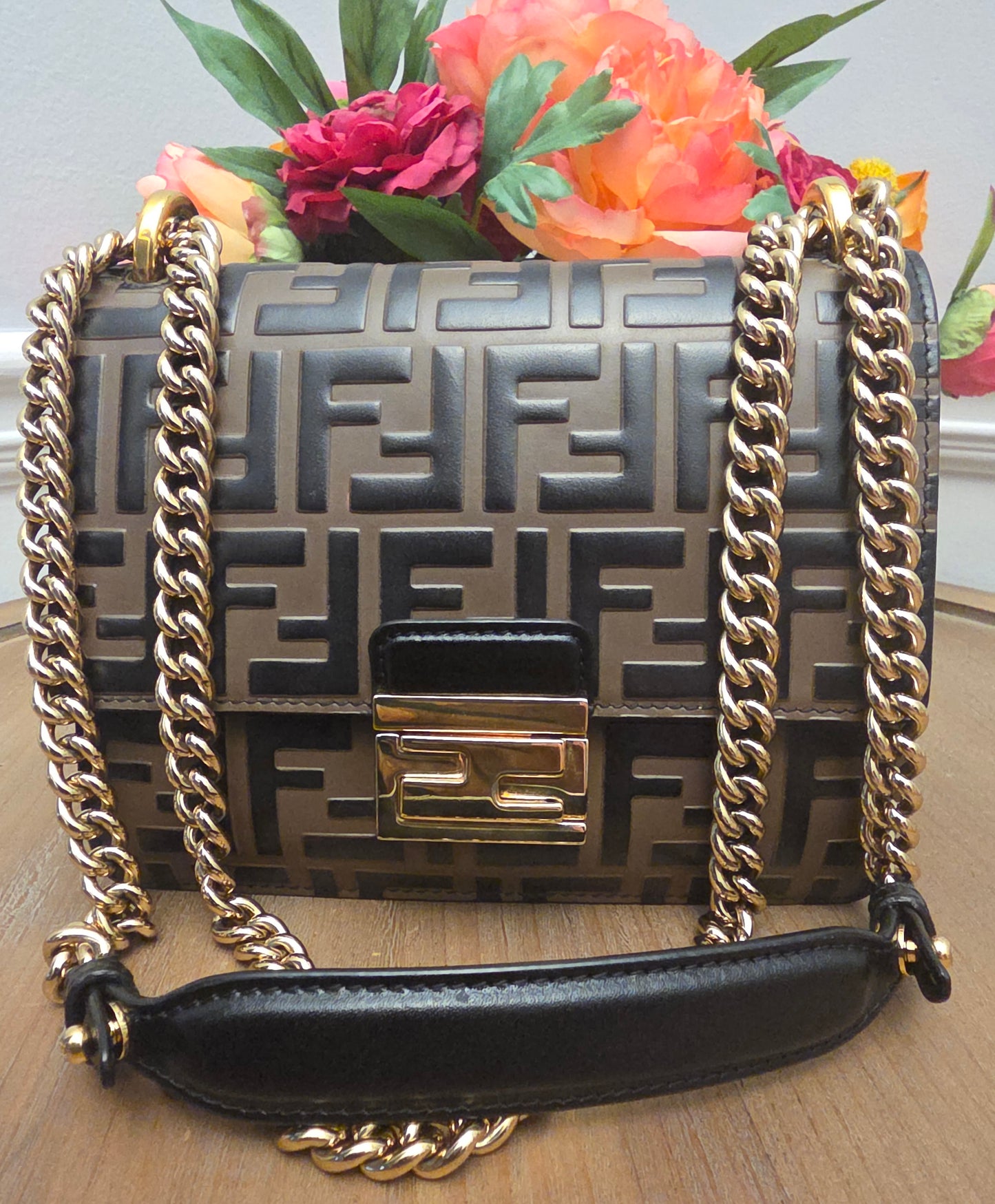 Fendi Kan U Small Embossed FF Leather Shoulder Bag | Black & Tobacco Brown | Gold Chain