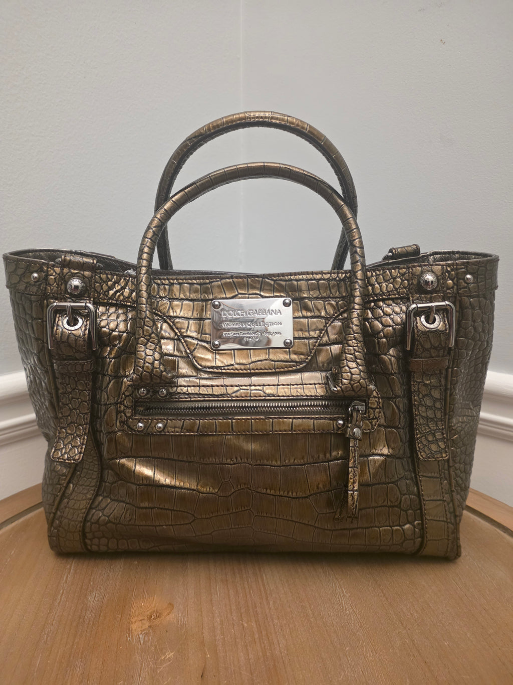 Dolce & Gabbana Miss Easy Metallic Bronze Croc Embossed Leather Tote Bag