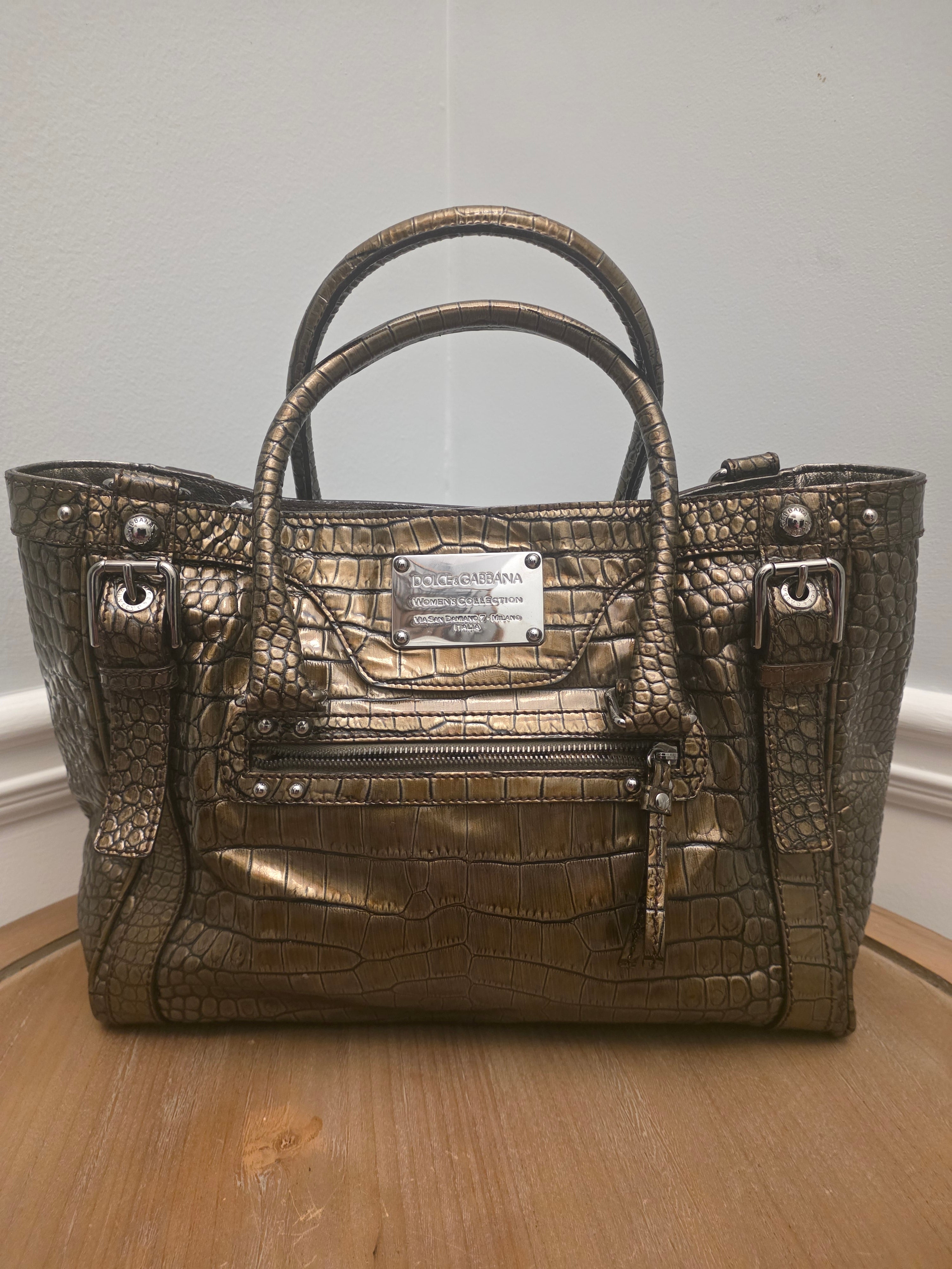 Dolce & Gabbana Miss Easy Metallic Bronze Croc Embossed Leather Tote Bag