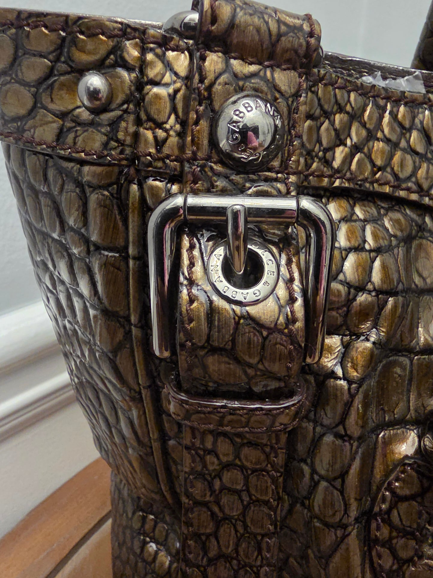 Dolce & Gabbana Miss Easy Metallic Bronze Croc Embossed Leather Tote Bag
