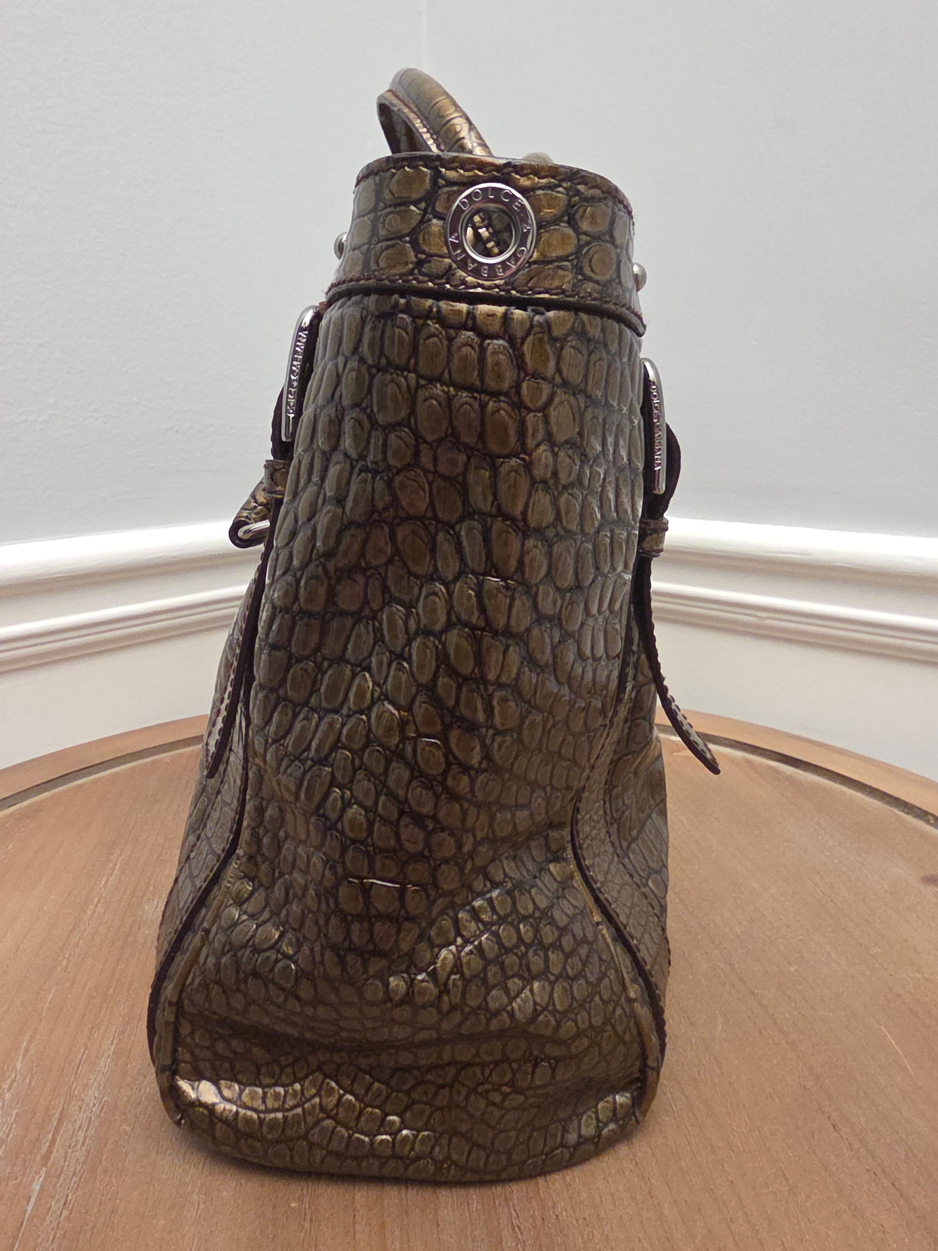 Dolce & Gabbana Miss Easy Metallic Bronze Croc Embossed Leather Tote Bag