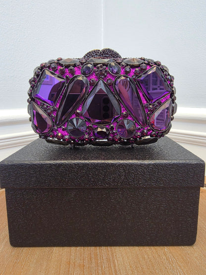 Statement Purple Crystal Embellished Evening Clutch Bag with Chain Strap