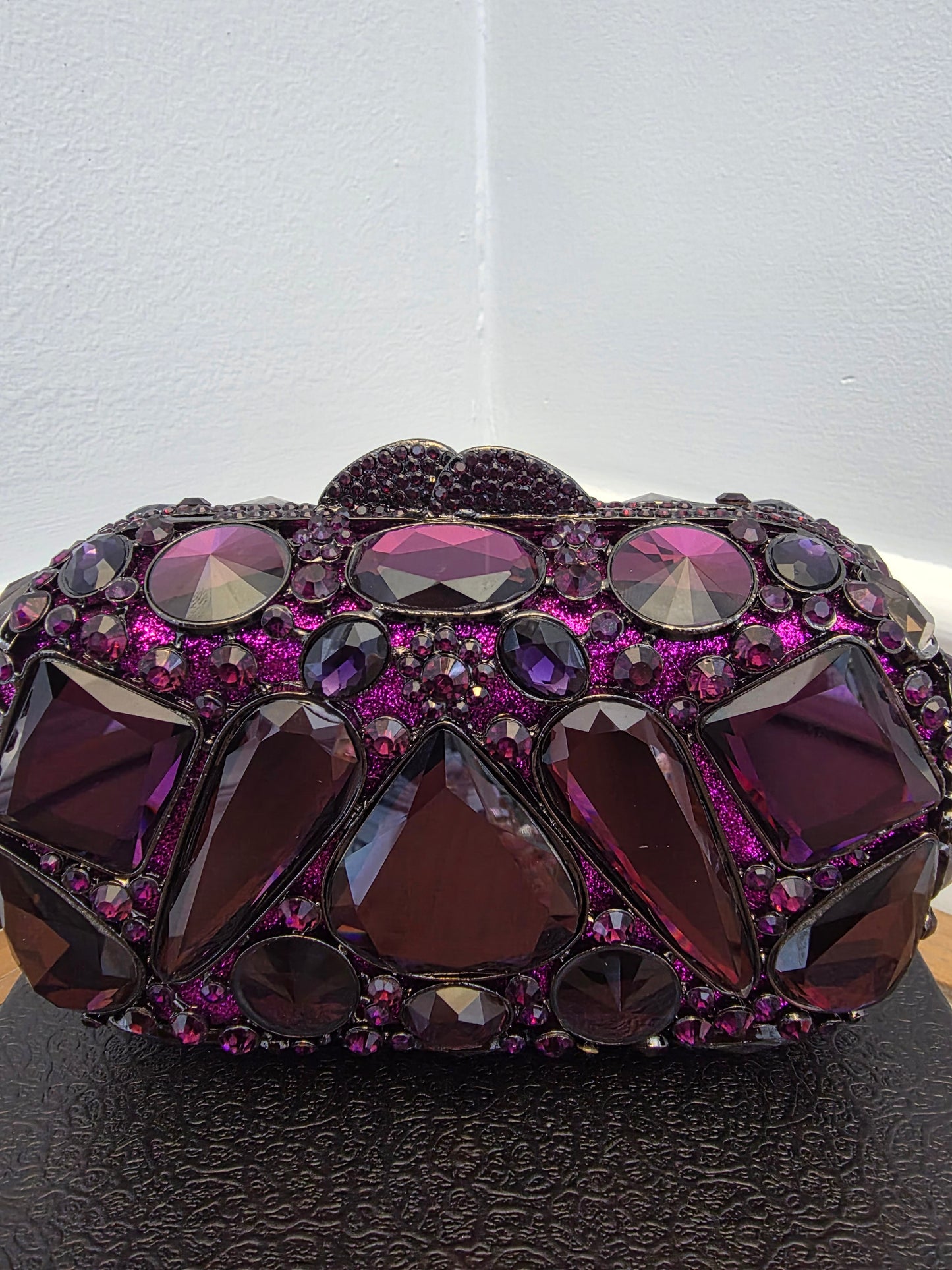Statement Purple Crystal Embellished Evening Clutch Bag with Chain Strap