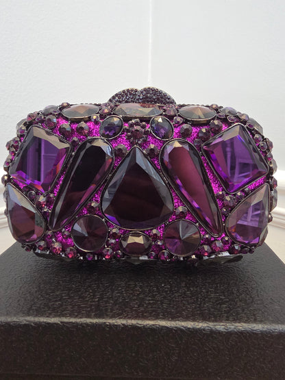 Statement Purple Crystal Embellished Evening Clutch Bag with Chain Strap