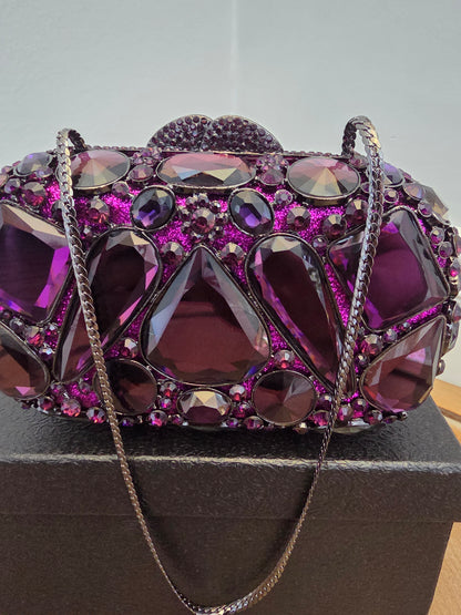 Statement Purple Crystal Embellished Evening Clutch Bag with Chain Strap