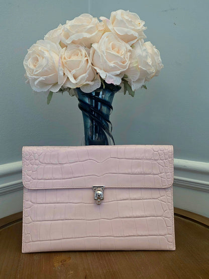 Alexander McQueen Pink Croc Embossed Skull Clutch Wallet | Crystal Skull Closure