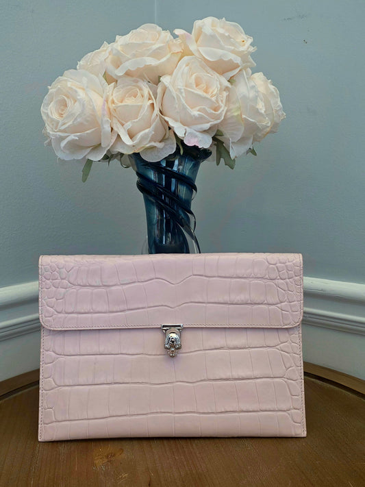Alexander McQueen Pink Croc Embossed Skull Clutch Wallet | Crystal Skull Closure