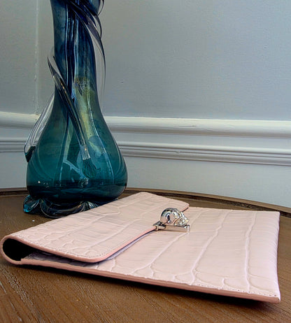 Alexander McQueen Pink Croc Embossed Skull Clutch Wallet | Crystal Skull Closure