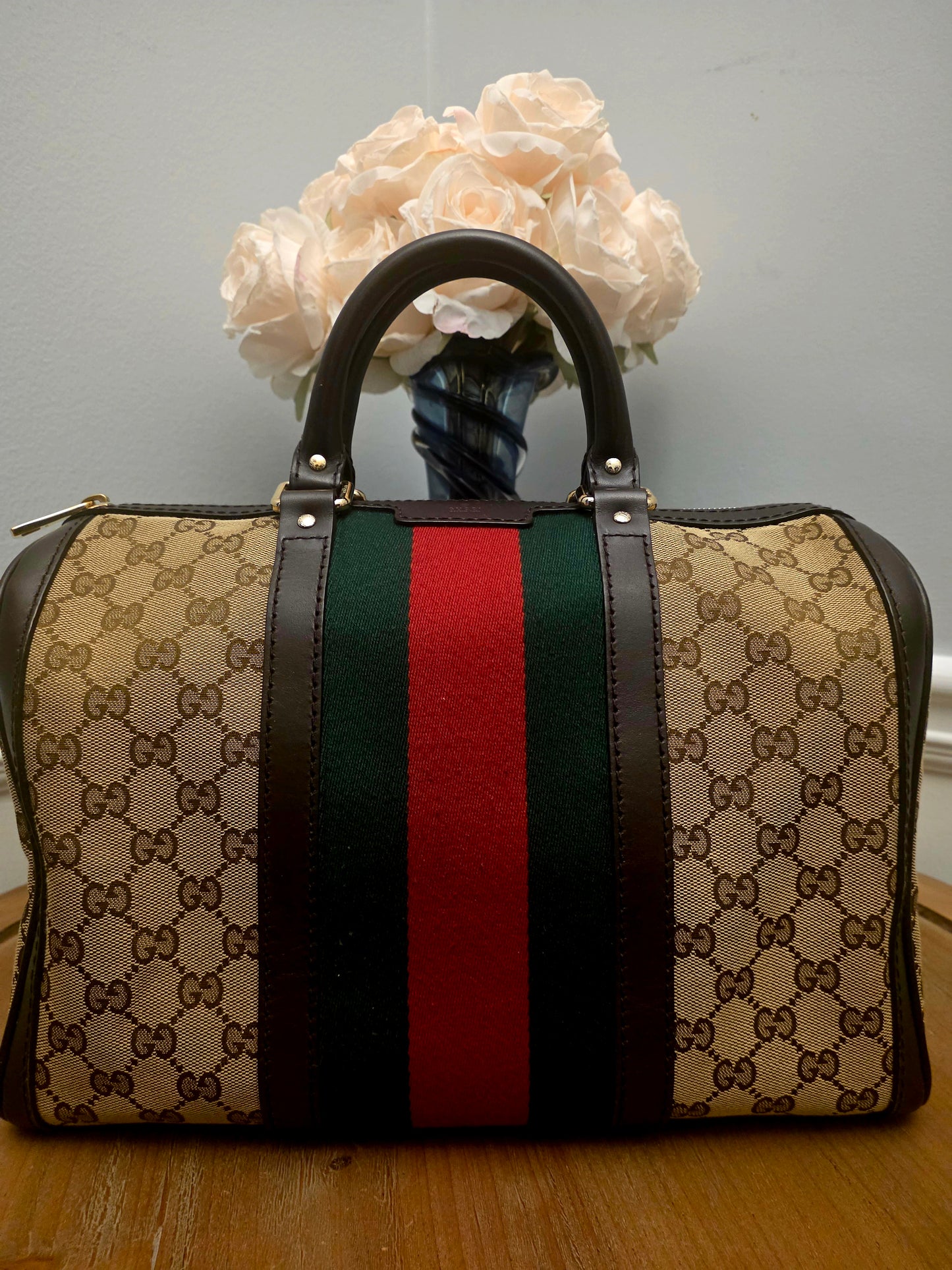 Gucci Original GG Canvas Web Boston Satchel Bag with Shoulder Strap