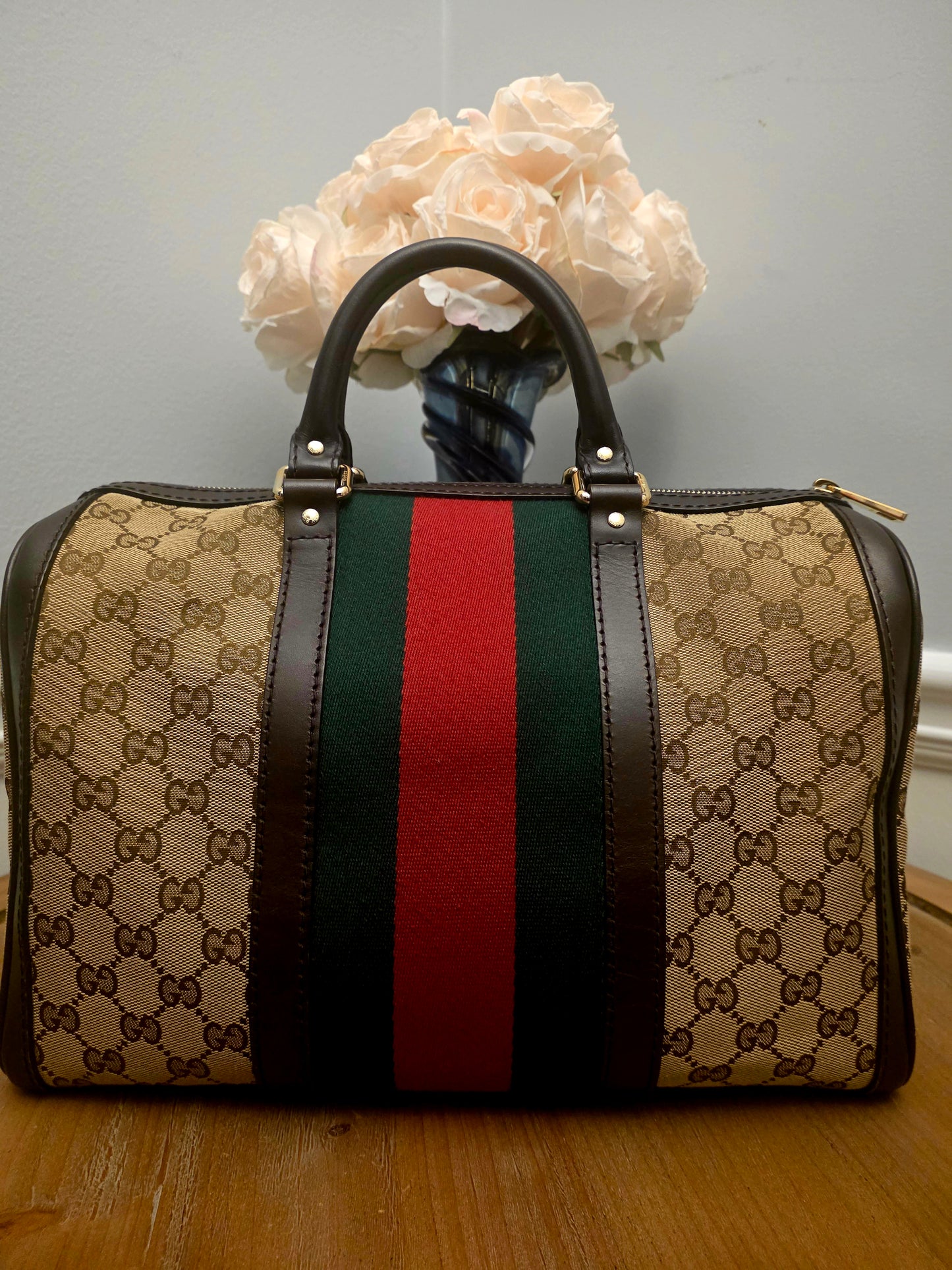 Gucci Original GG Canvas Web Boston Satchel Bag with Shoulder Strap