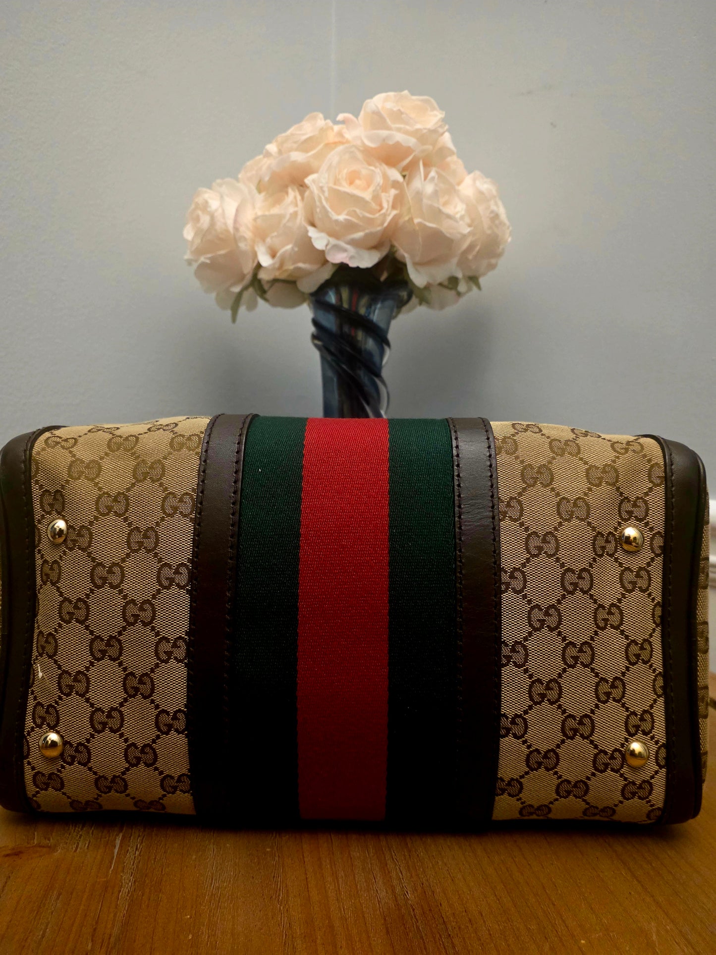 Gucci Original GG Canvas Web Boston Satchel Bag with Shoulder Strap