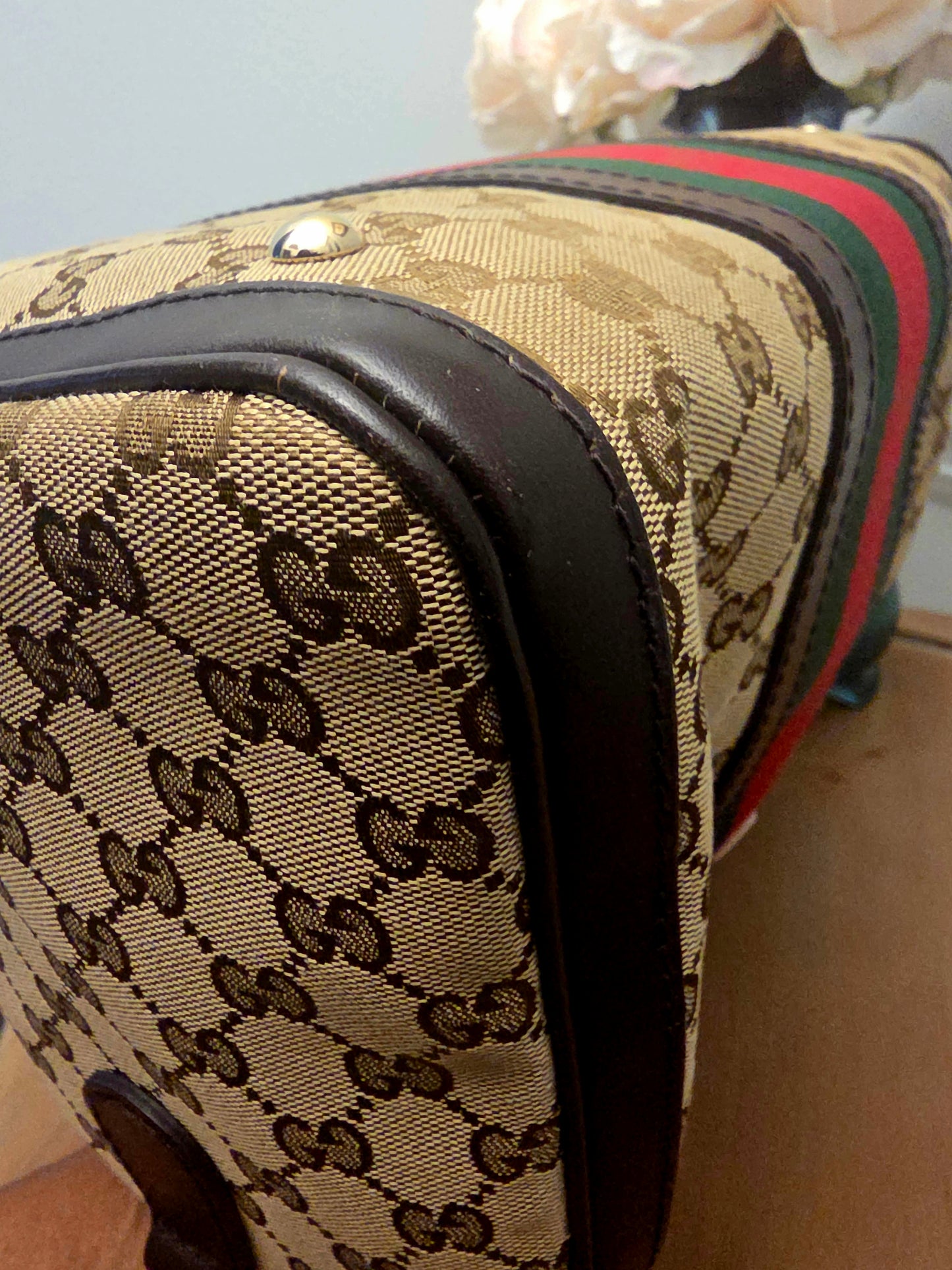 Gucci Original GG Canvas Web Boston Satchel Bag with Shoulder Strap