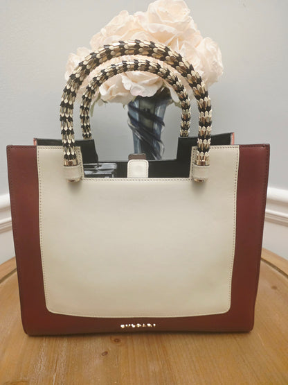 BVLGARI Serpenti Top Handle Tote Bag Ivory & Burgundy Leather with Enamel Scale Handles