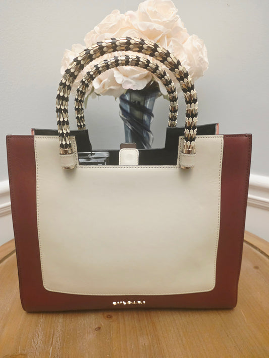 BVLGARI Serpenti Top Handle Tote Bag Ivory & Burgundy Leather with Enamel Scale Handles