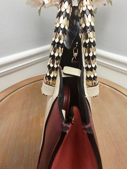BVLGARI Serpenti Top Handle Tote Bag Ivory & Burgundy Leather with Enamel Scale Handles