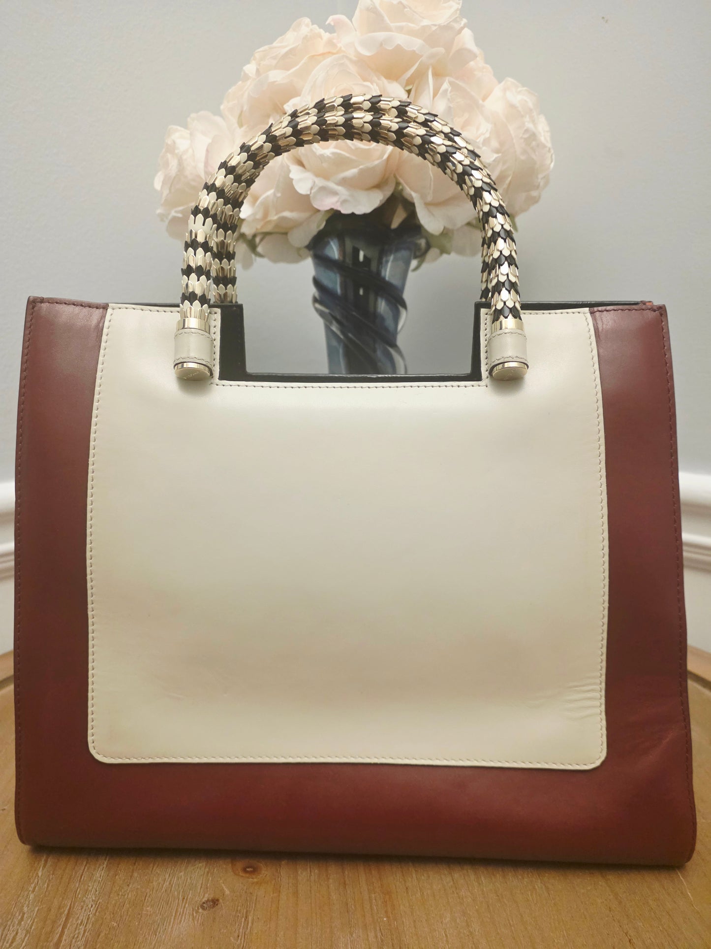BVLGARI Serpenti Top Handle Tote Bag Ivory & Burgundy Leather with Enamel Scale Handles