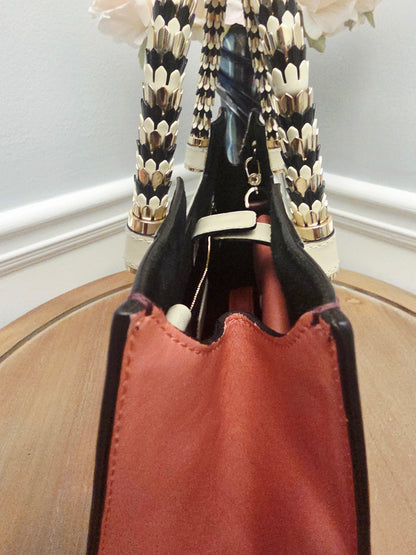 BVLGARI Serpenti Top Handle Tote Bag Ivory & Burgundy Leather with Enamel Scale Handles