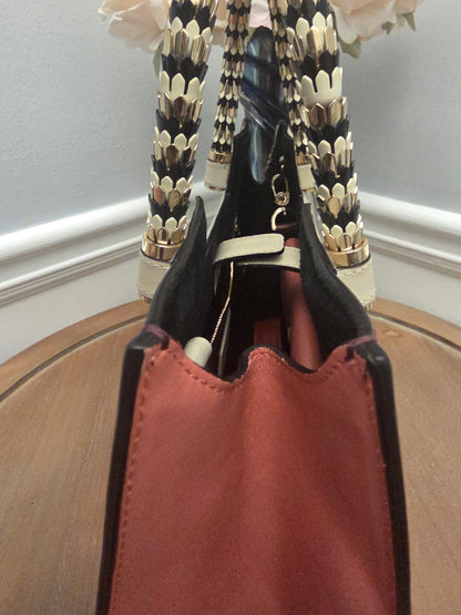BVLGARI Serpenti Top Handle Tote Bag Ivory & Burgundy Leather with Enamel Scale Handles