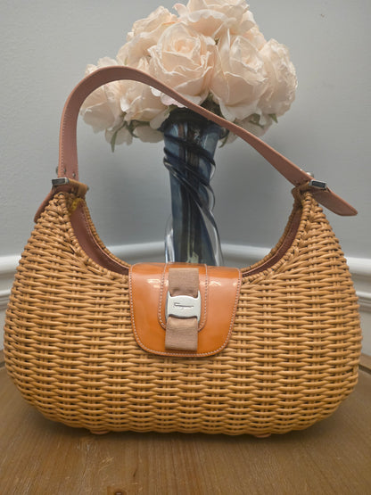 Rare Vintage Salvatore Ferragamo Vara Bow Wicker Shoulder Bag