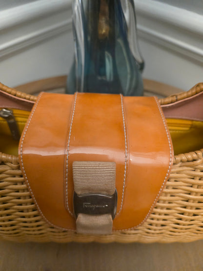 Rare Vintage Salvatore Ferragamo Vara Bow Wicker Shoulder Bag