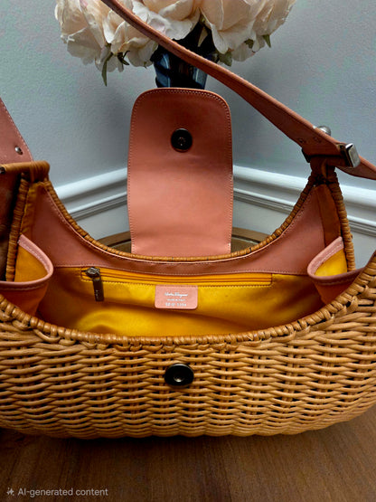Rare Vintage Salvatore Ferragamo Vara Bow Wicker Shoulder Bag