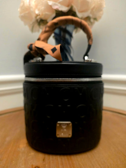 MCM Black Embossed Monogram Vanity Bag with Scarf Handle & Strap | IG Collective