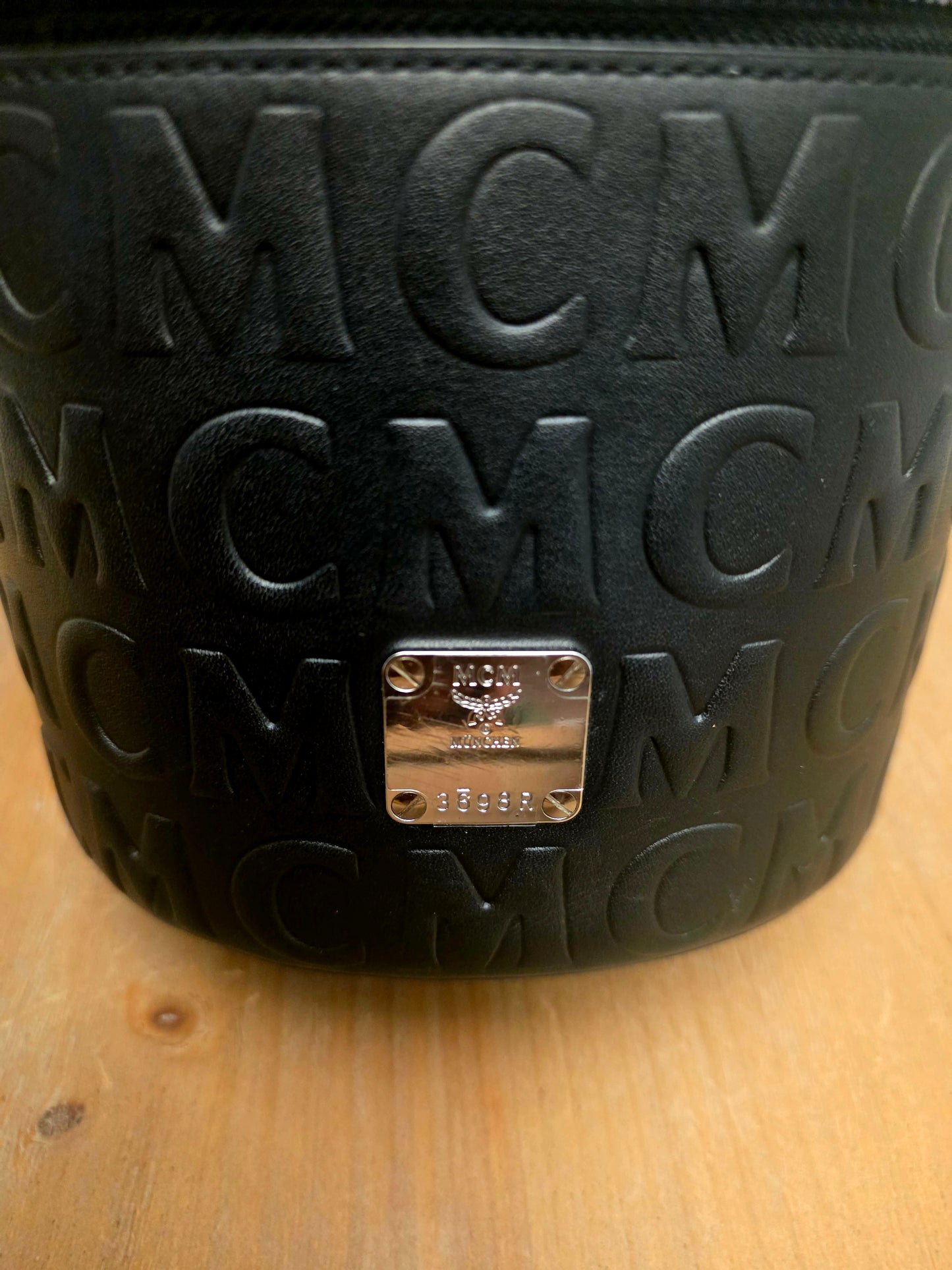 MCM Black Embossed Monogram Vanity Bag with Scarf Handle & Strap | IG Collective