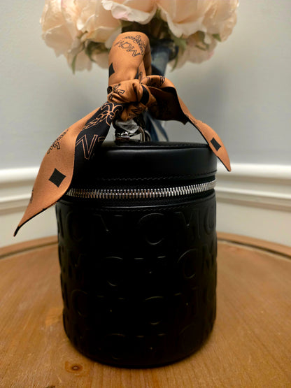 MCM Black Embossed Monogram Vanity Bag with Scarf Handle & Strap | IG Collective