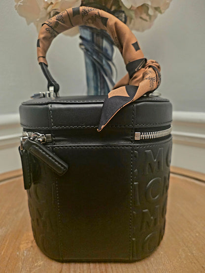 MCM Black Embossed Monogram Vanity Bag with Scarf Handle & Strap | IG Collective