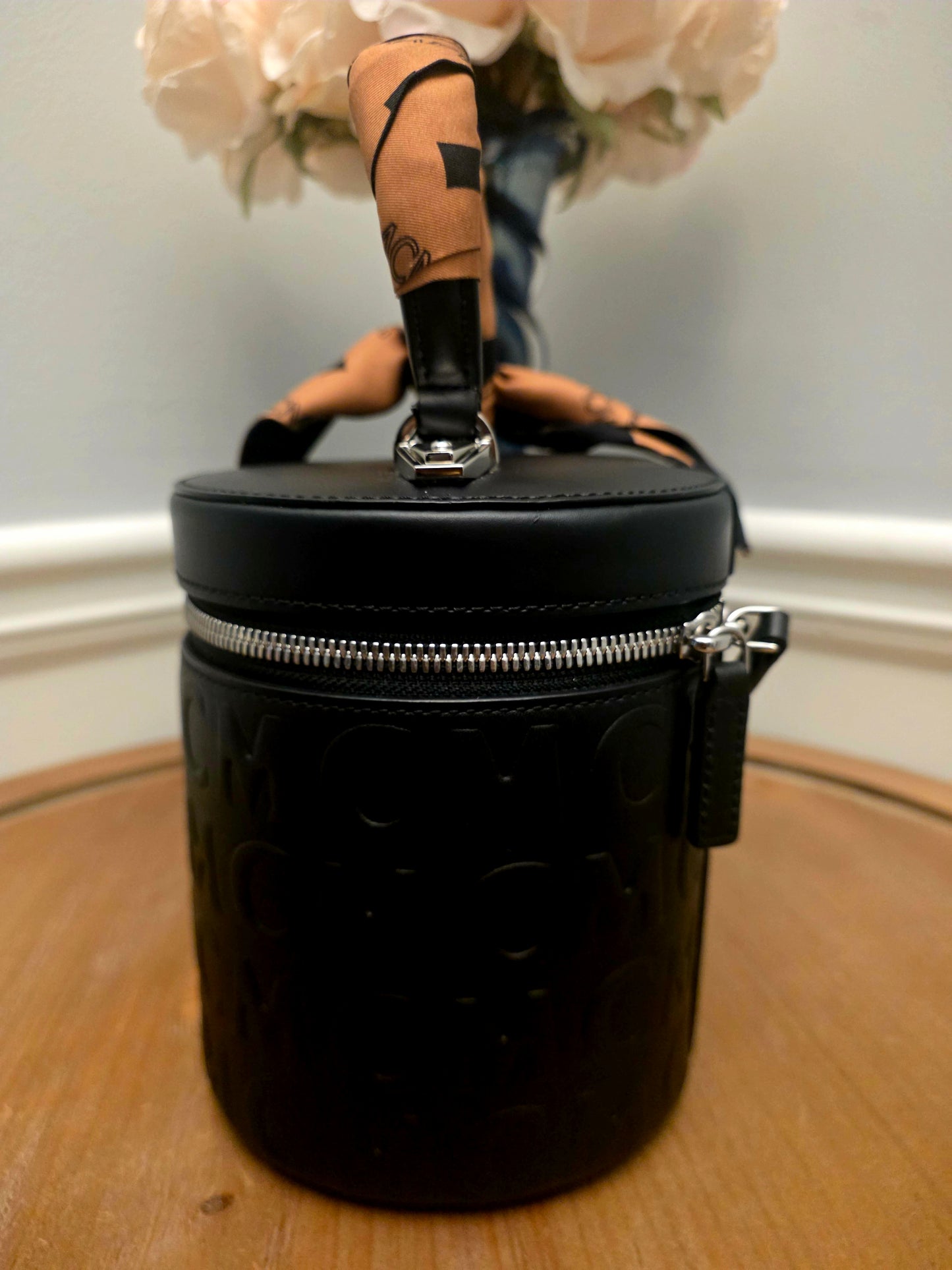 MCM Black Embossed Monogram Vanity Bag with Scarf Handle & Strap | IG Collective