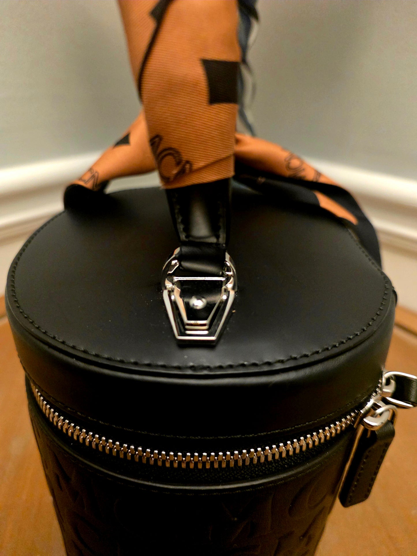 MCM Black Embossed Monogram Vanity Bag with Scarf Handle & Strap | IG Collective