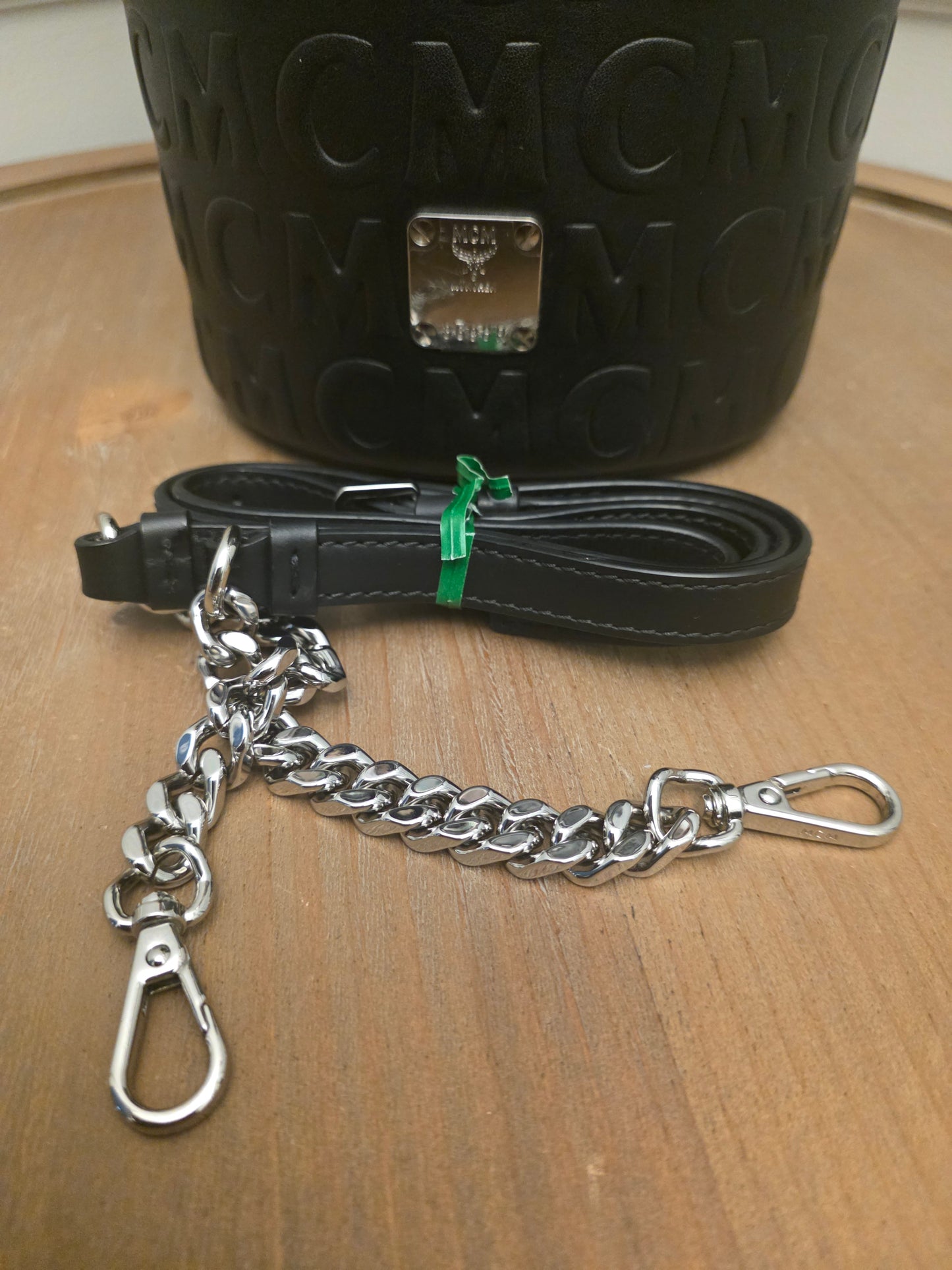 MCM Black Embossed Monogram Vanity Bag with Scarf Handle & Strap | IG Collective